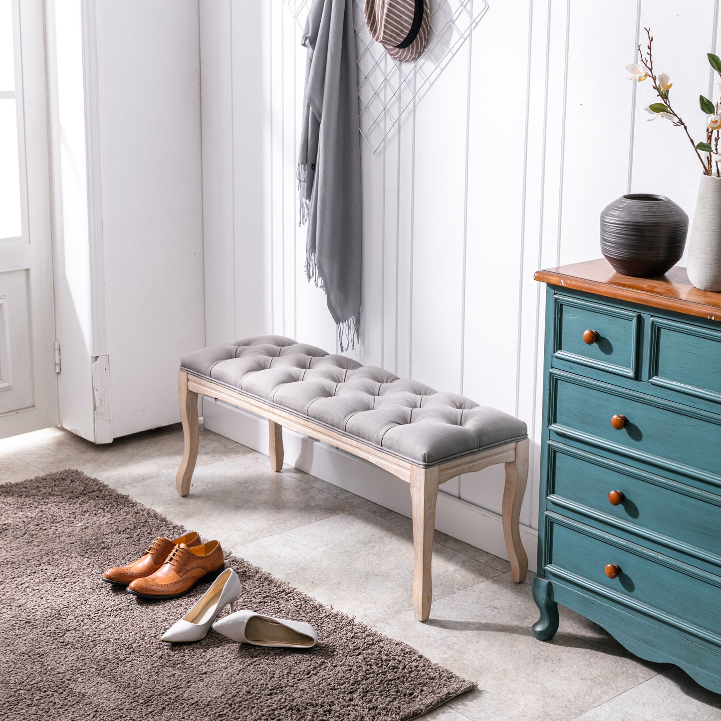 French Vintage Upholstered Bench - Grey Linen, 43.3"