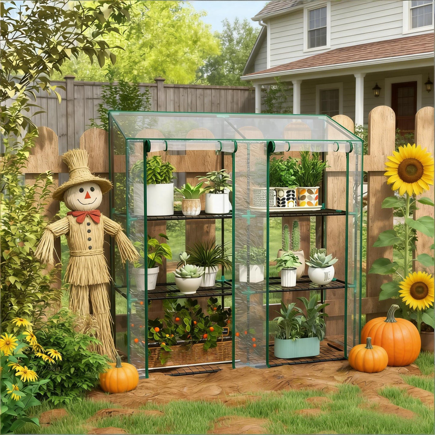 Clear Lean-To Greenhouse with Three-Tier Shelves