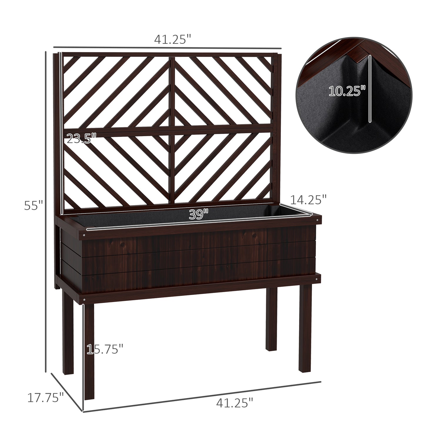 Wood Planter with Trellis for Climbing Plants - Raised Garden Bed, Carbonized, 1140x420x230mm