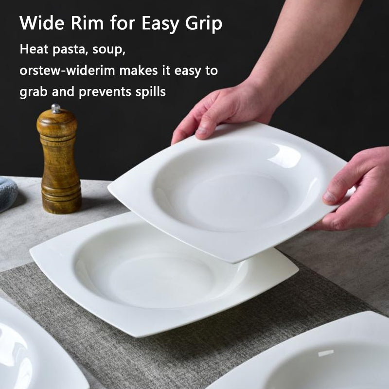 9.5-Inch Square Soup Plate Set - 6 Pieces of White Bone China