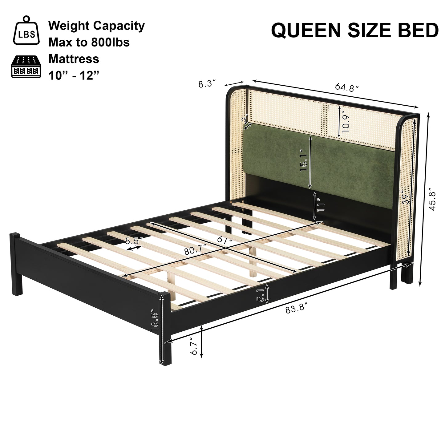 Queen Size Bed Frame with Green Headboard - Solid Wood, No Box Spring Required