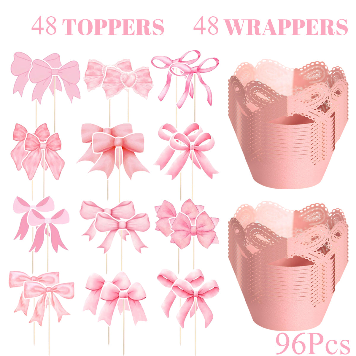 48-Piece Pink Bow Cupcake Toppers Kit - Party Supplies