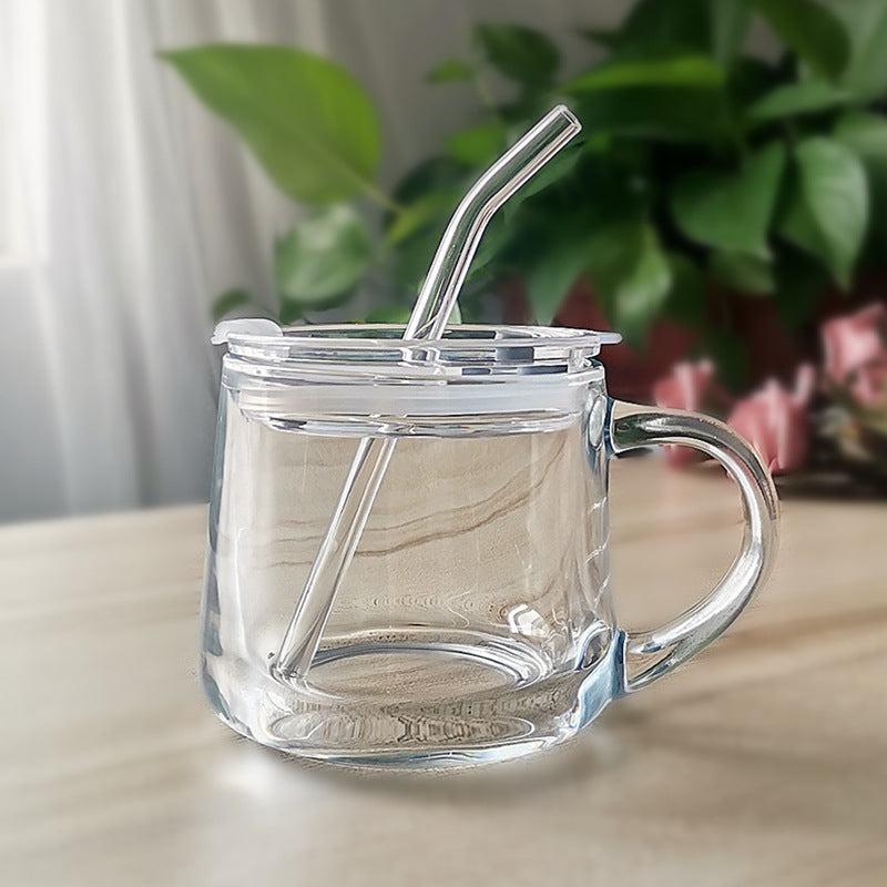 Minimalist Cartoon Glass Water Cup with Straw - Heat-Resistant, 400ML
