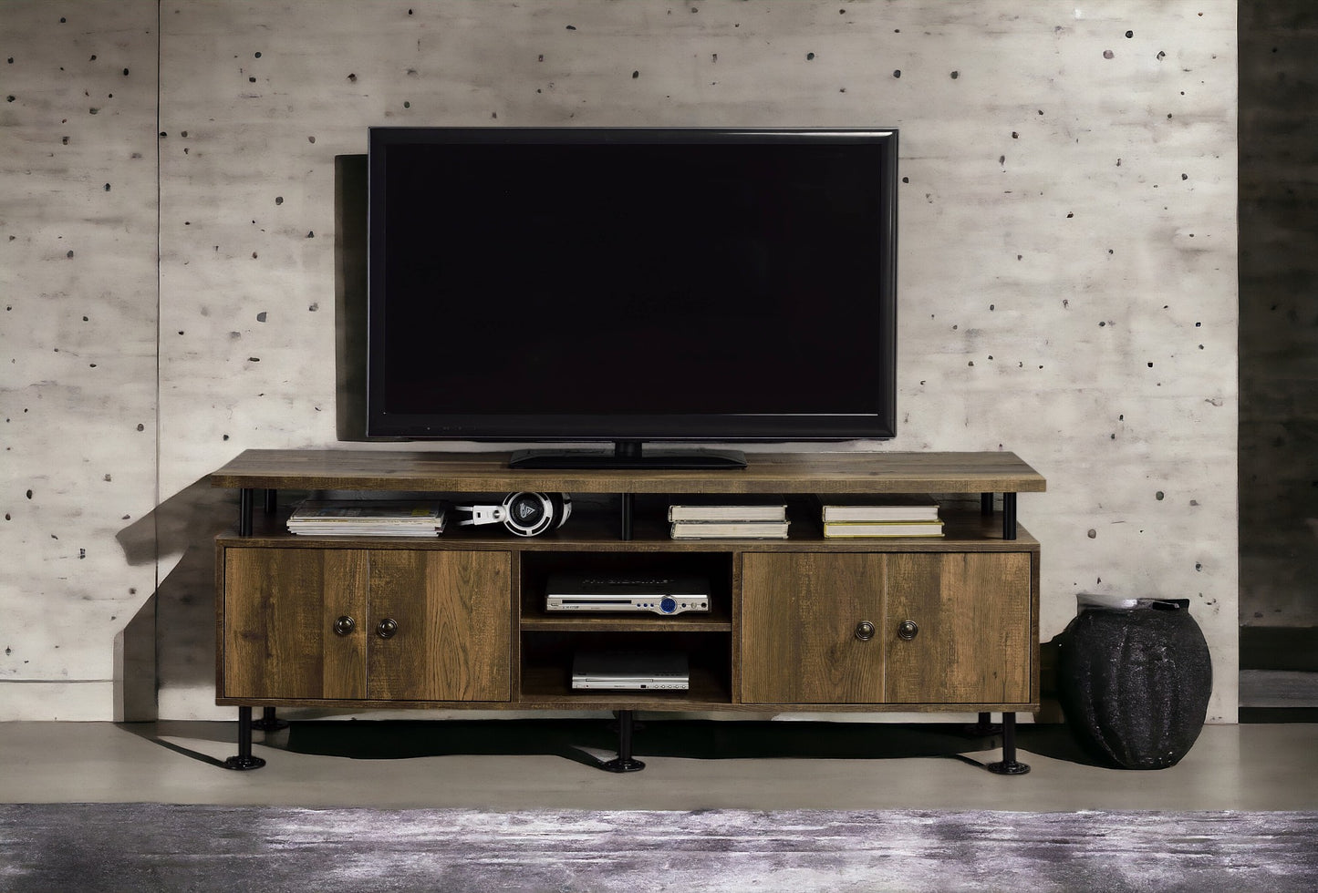 Rustic Oak & Black Finish TV Stand for 50-59 Inch TVs