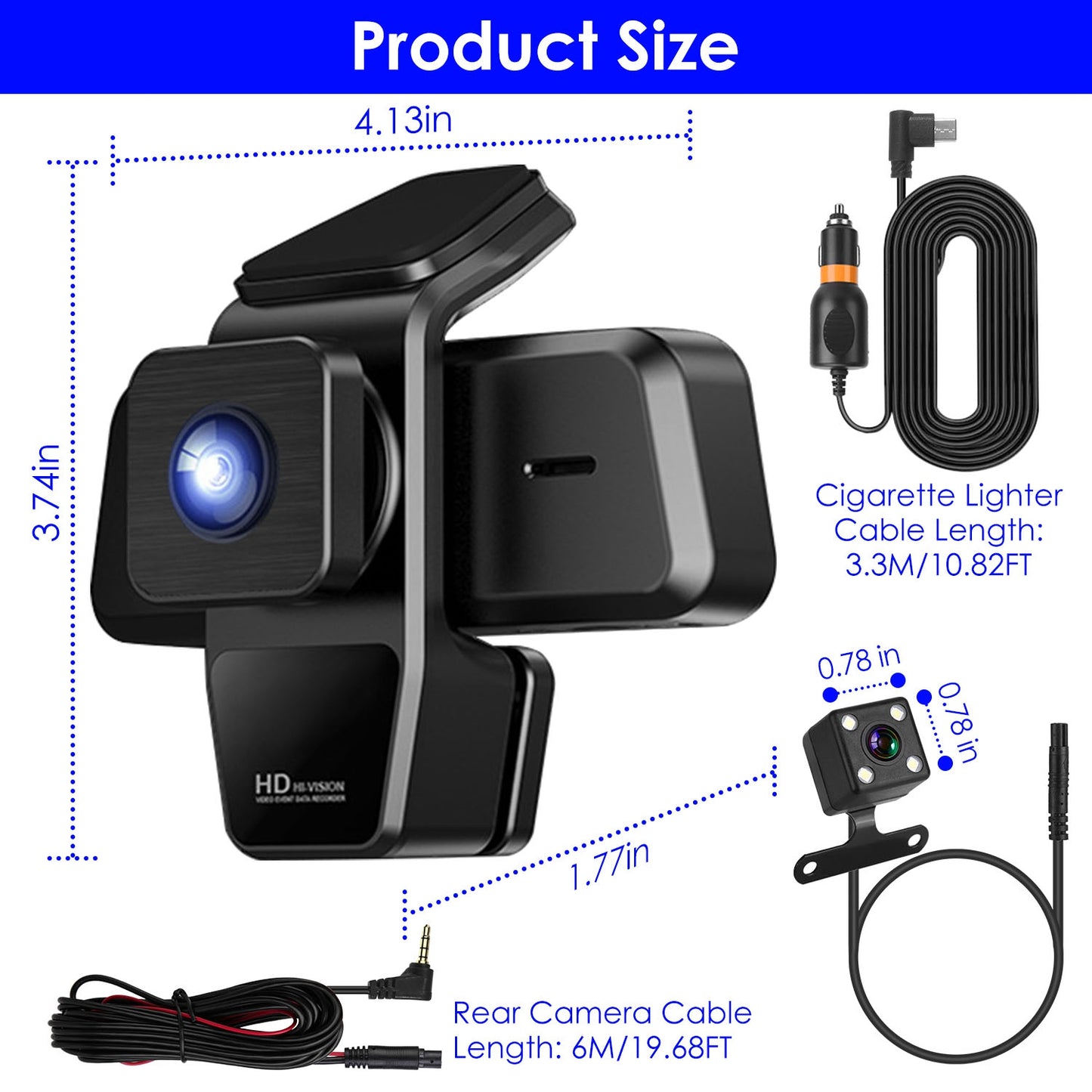 1080P FHD 3-Channel WiFi Dash Cam with Night Vision & Motion Detection