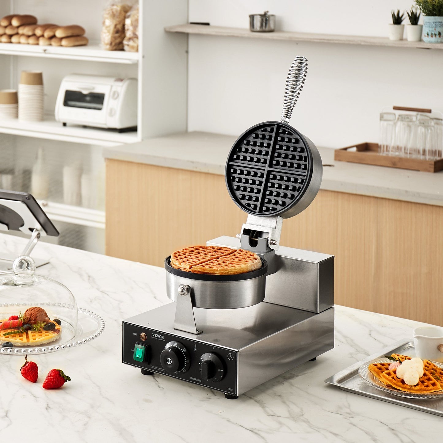 Commercial Round Waffle Maker 1230W Non-Stick Kitchen Appliance - Natural