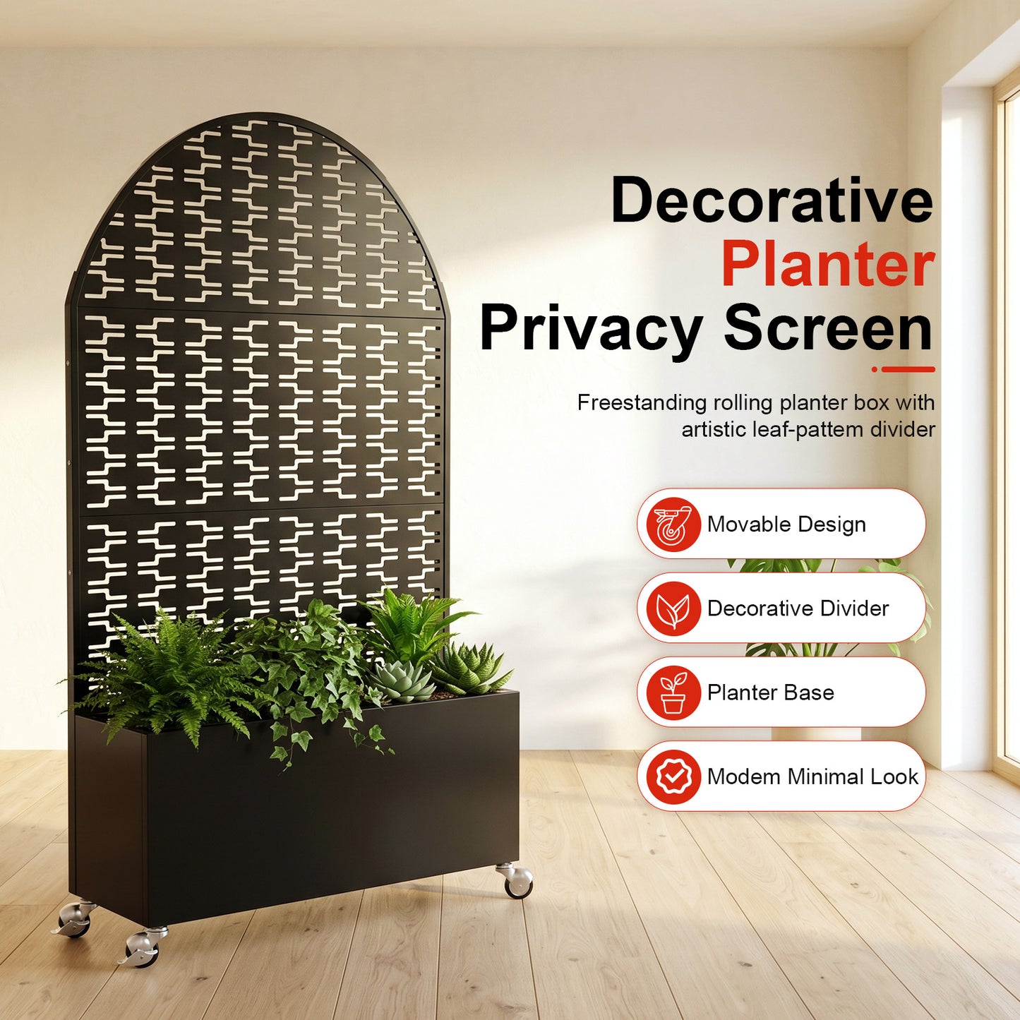 Decorative Arched Privacy Screen with Planter Box - Black
