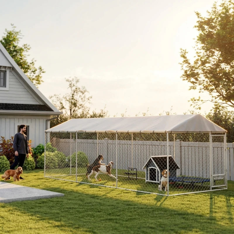 Outdoor Dog Kennel with Lockable Door UV-Resistant Cover 20x7.5x6.5ft, Silver