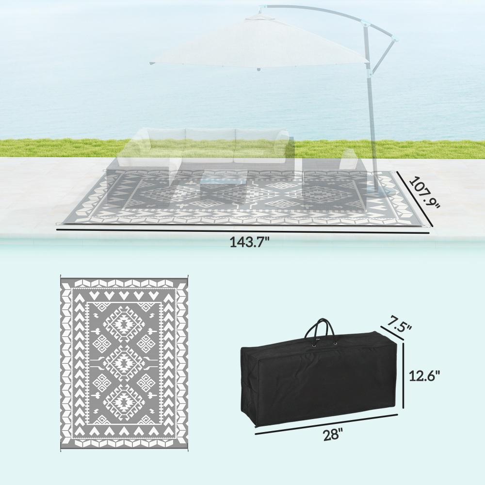 Reversible Outdoor Rug - Waterproof Gray & White Rhombus 9x12
