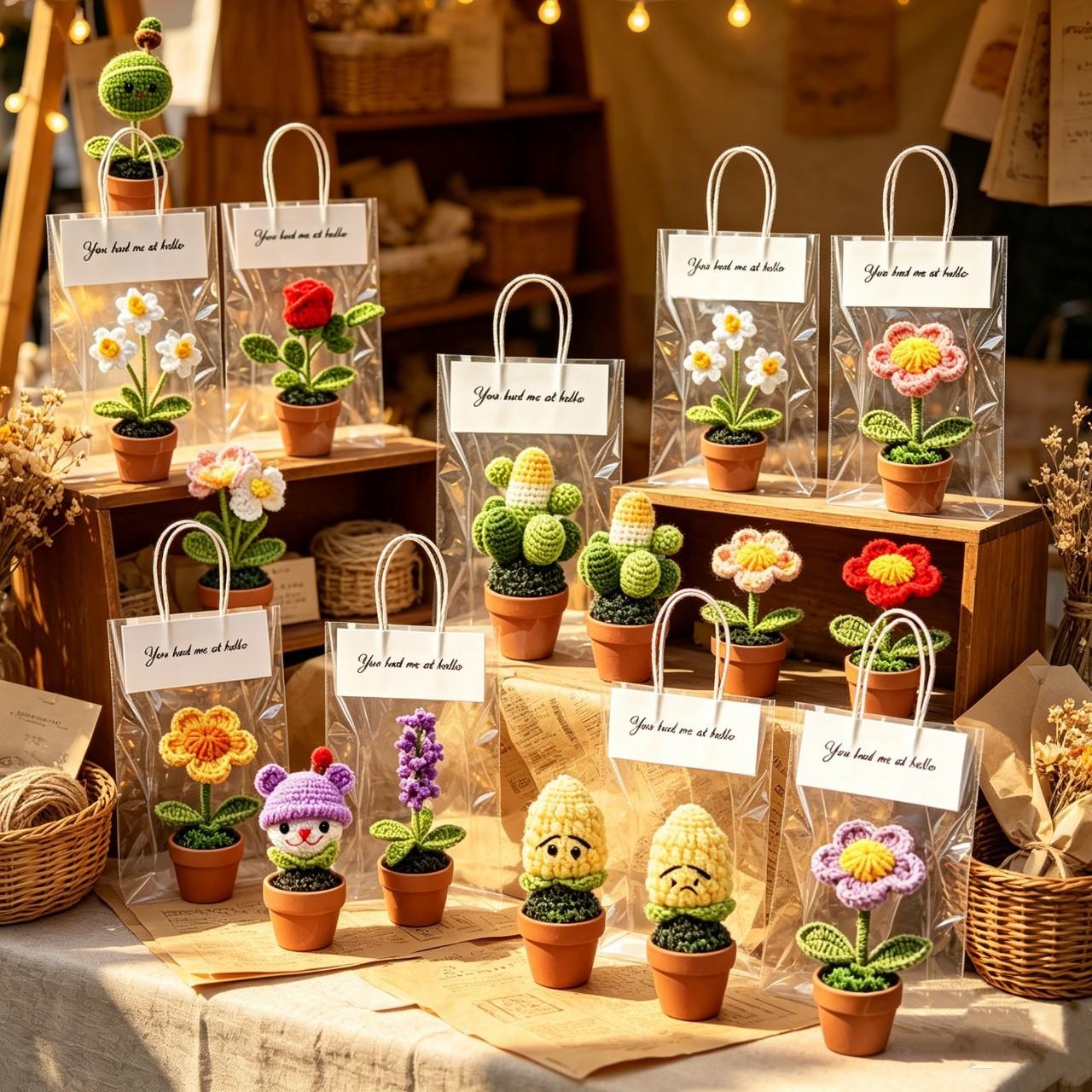 Handmade Yarn Flower Pot Ornaments - Various Styles for Home & Garden Decor