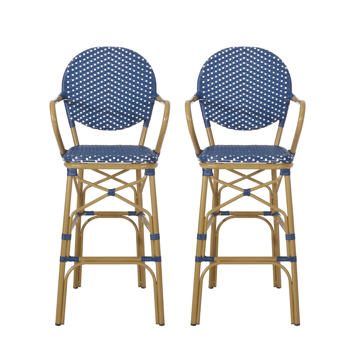 Outdoor Wicker And Aluminum 29.5 French Barstools, Set Of 2, Navy