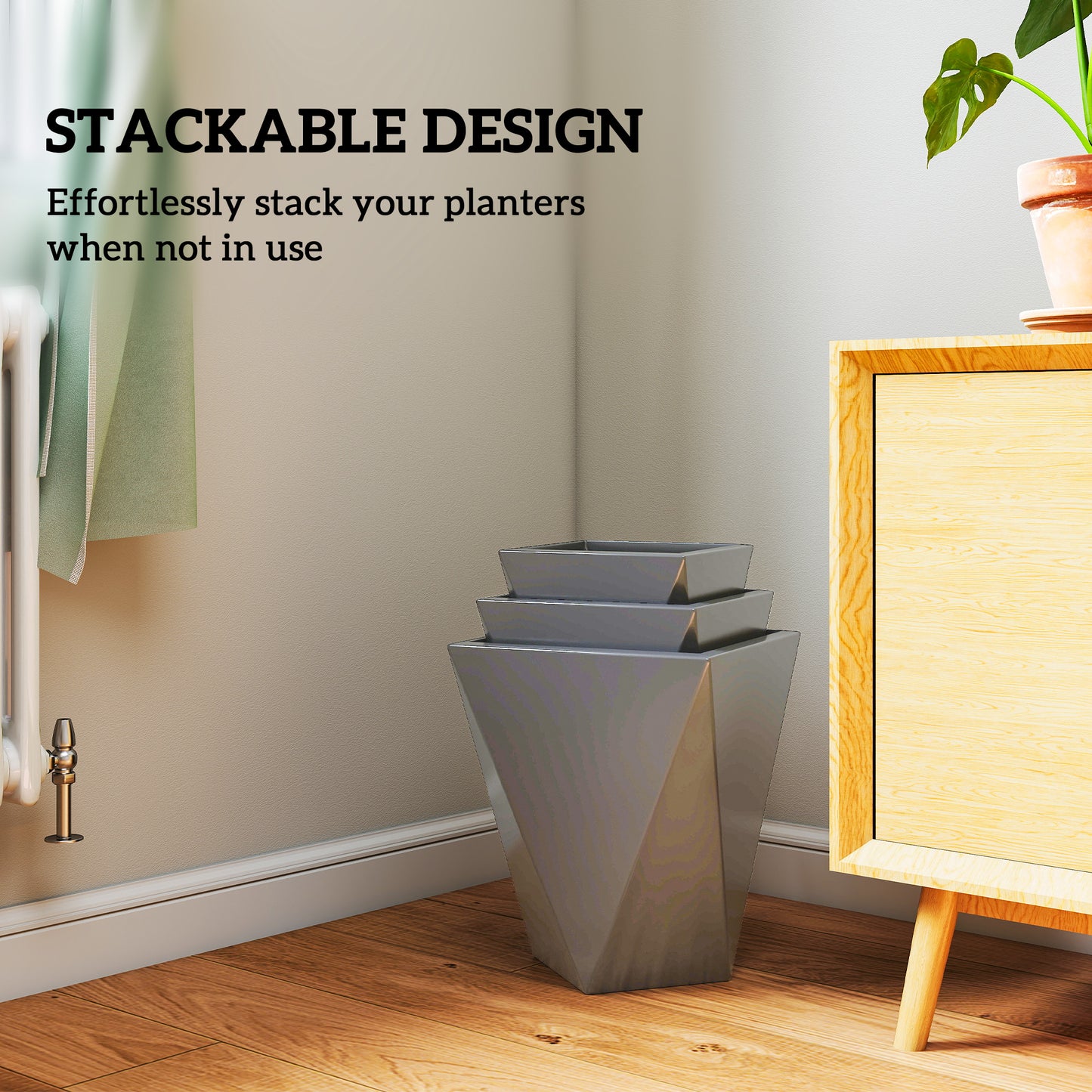 Stackable Garden Planters Set of 3 Tall Magnesium Oxide Pots with Drainage Holes - Gray