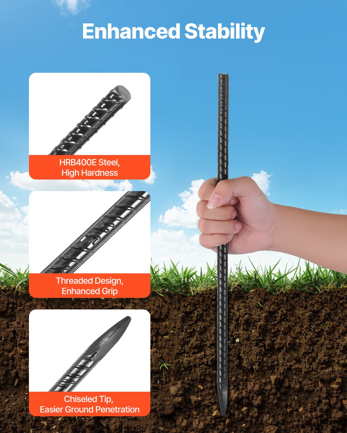 16-Inch Galvanized Steel Rebar Stakes Set - Heavy Duty Ground Anchors for Garden & Soil