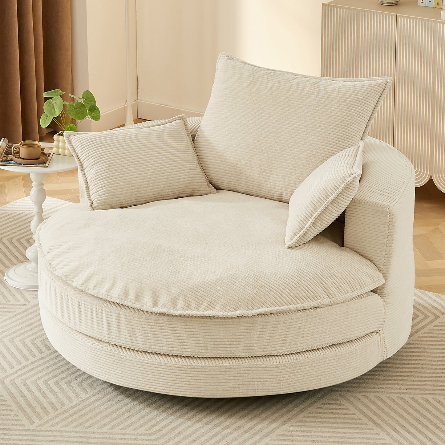 Oversized 360° Swivel Accent Chair with Dual-Layer Cushion - Beige