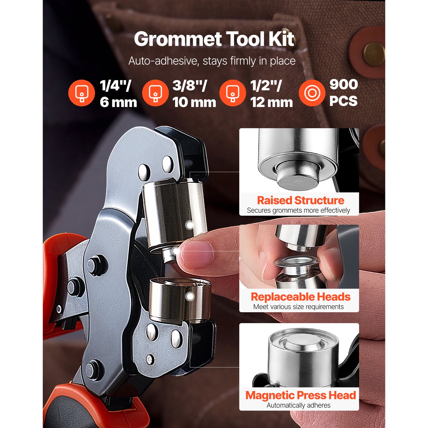 Grommet Tool Kit 1/4 3/8 1/2 Inch 900 PCS Eyelet & Grommet Setter with Pliers
