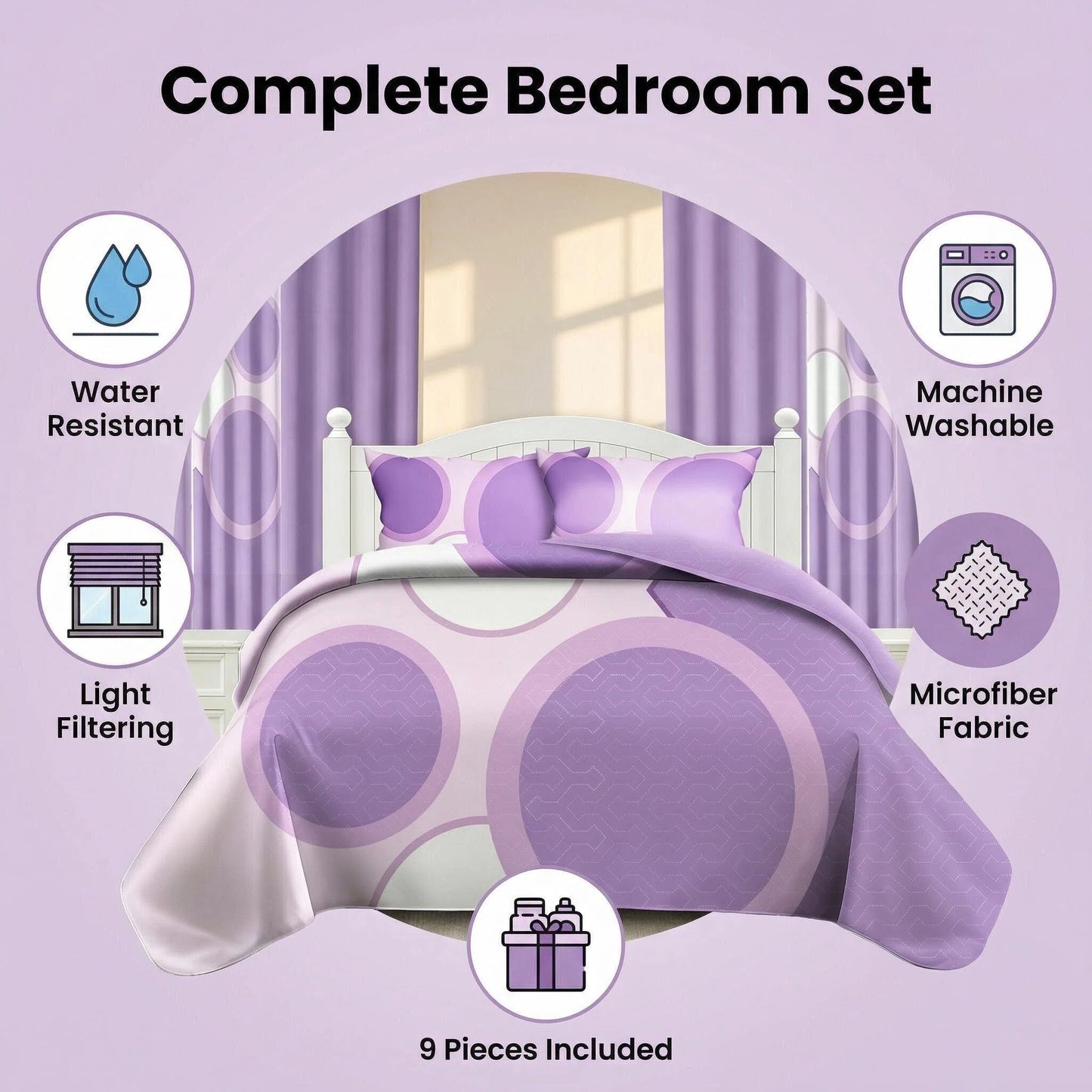 9-Piece Lavender Geometric Room in a Bag Set - Heavyweight Bedspread & Curtains