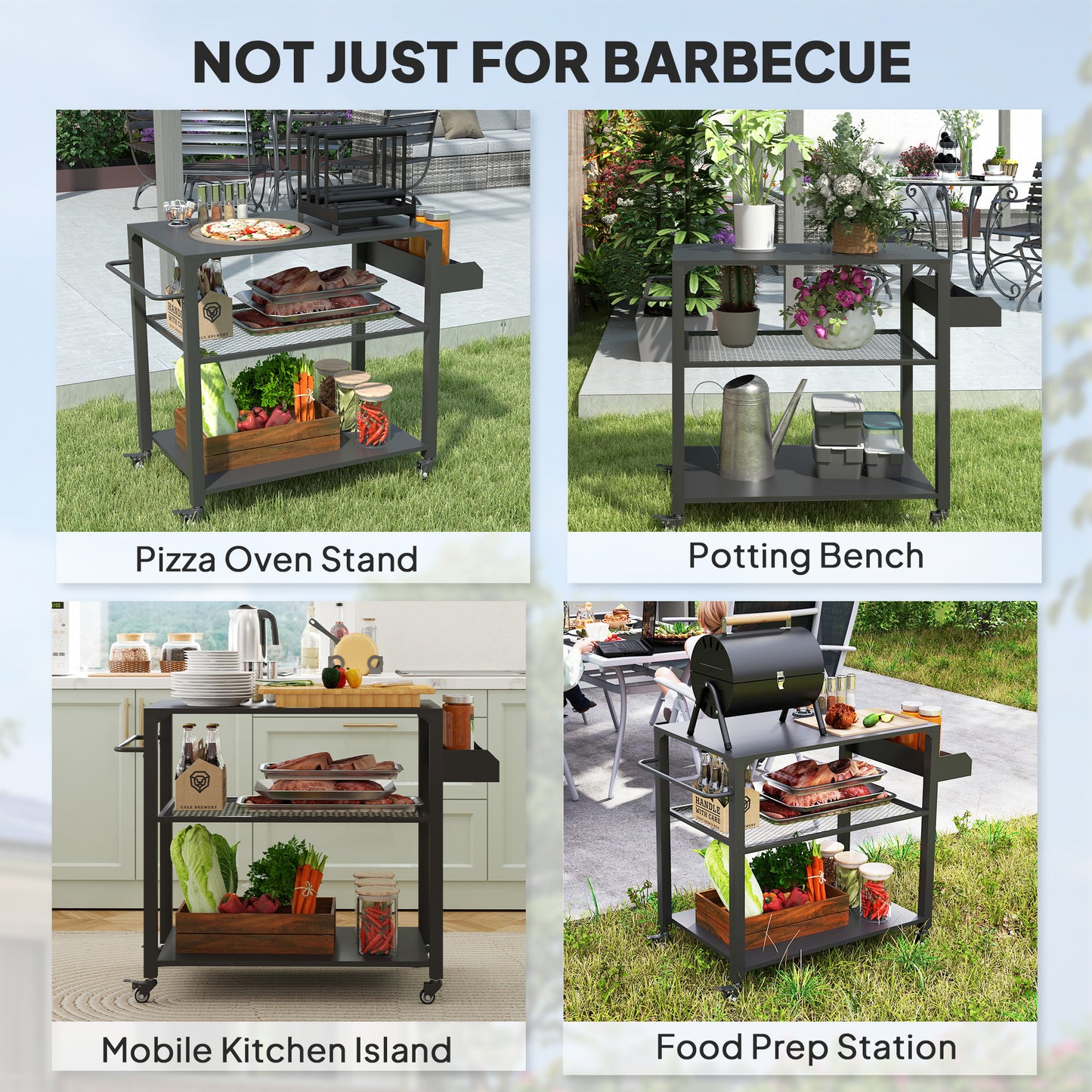 Outdoor Grill Cart with Storage Racks & Wheels - Black