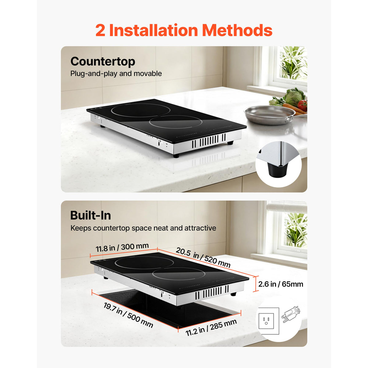 Portable 12-Inch Electric Cooktop 2 Burners 1800W Touch Control with Timer