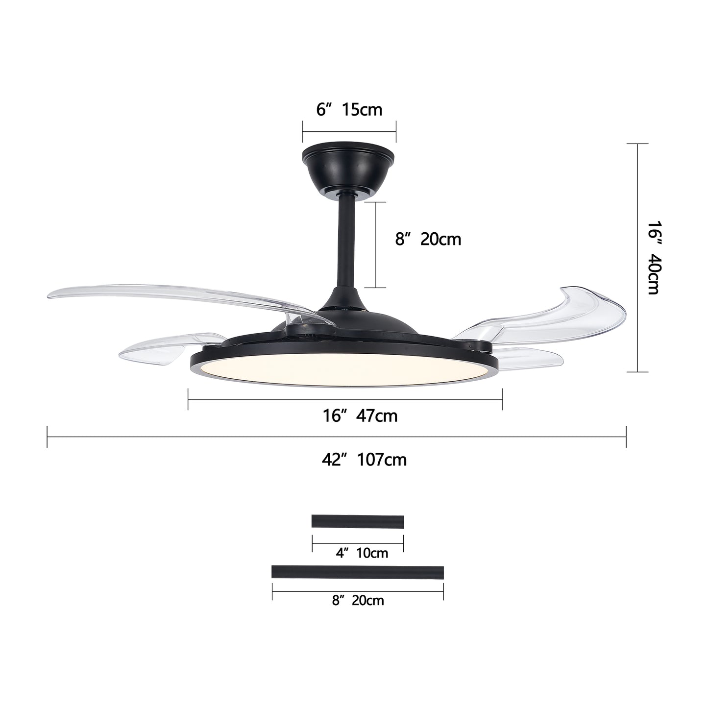 42-Inch Retractable Ceiling Fan with Light & Remote - Black