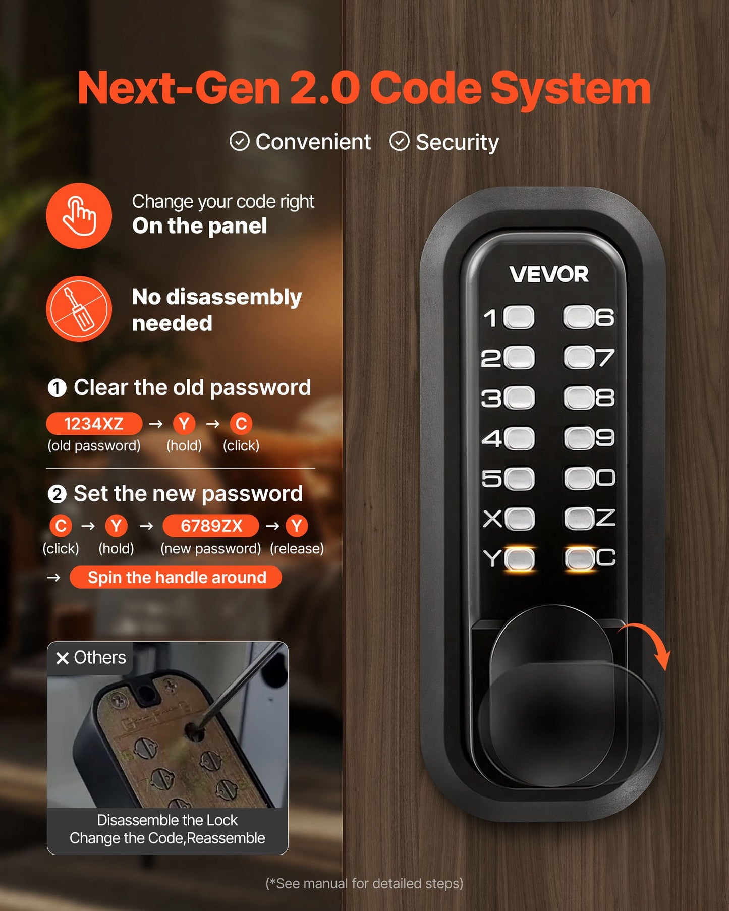Mechanical Keyless Entry Door Lock - 4-7 Digit Code, Auto Lock, Black