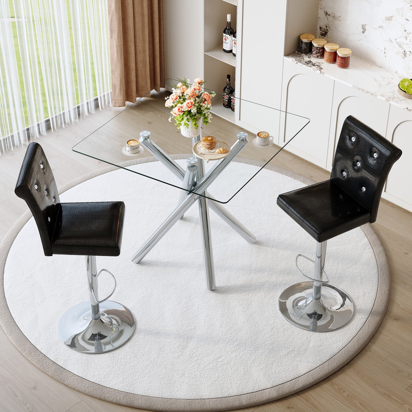 Modern Glass Bar Table And Adjustable Stools Set Of 2, Contemporary