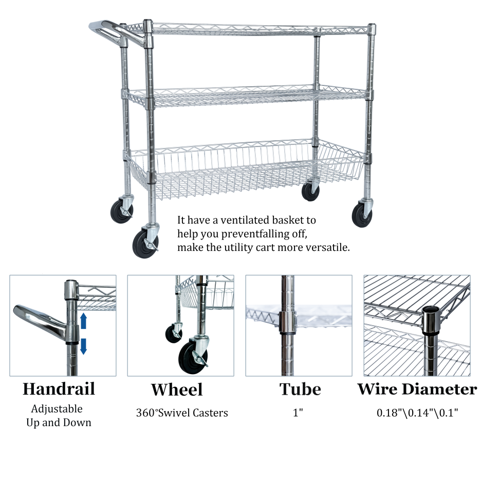 Heavy Duty 3-Tier Rolling Utility Cart with Handle and Shelves - Chrome