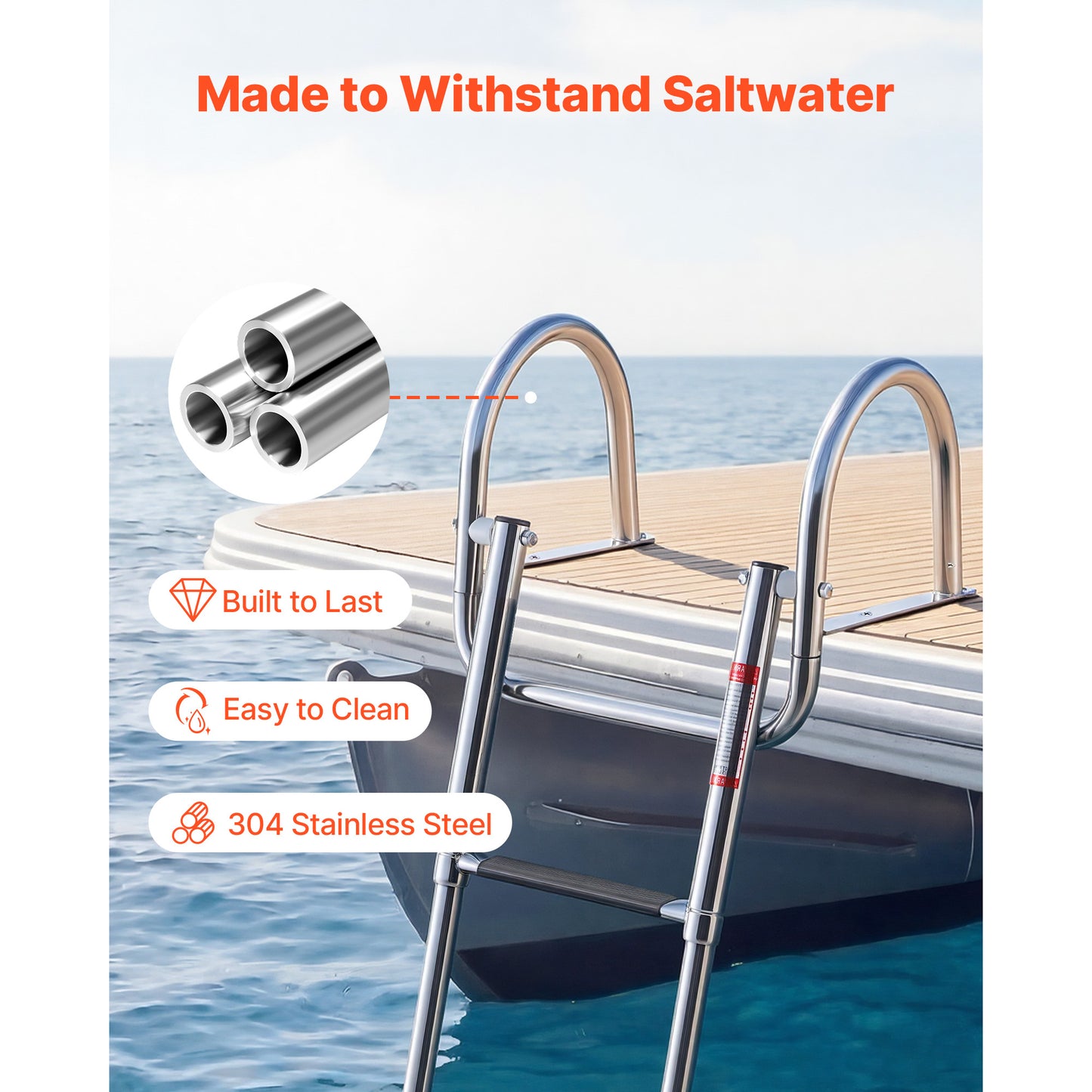 Boat Ladder 3 Steps Stainless Steel Telescoping Folding Swim Deck Ladder for Outboard & Yacht