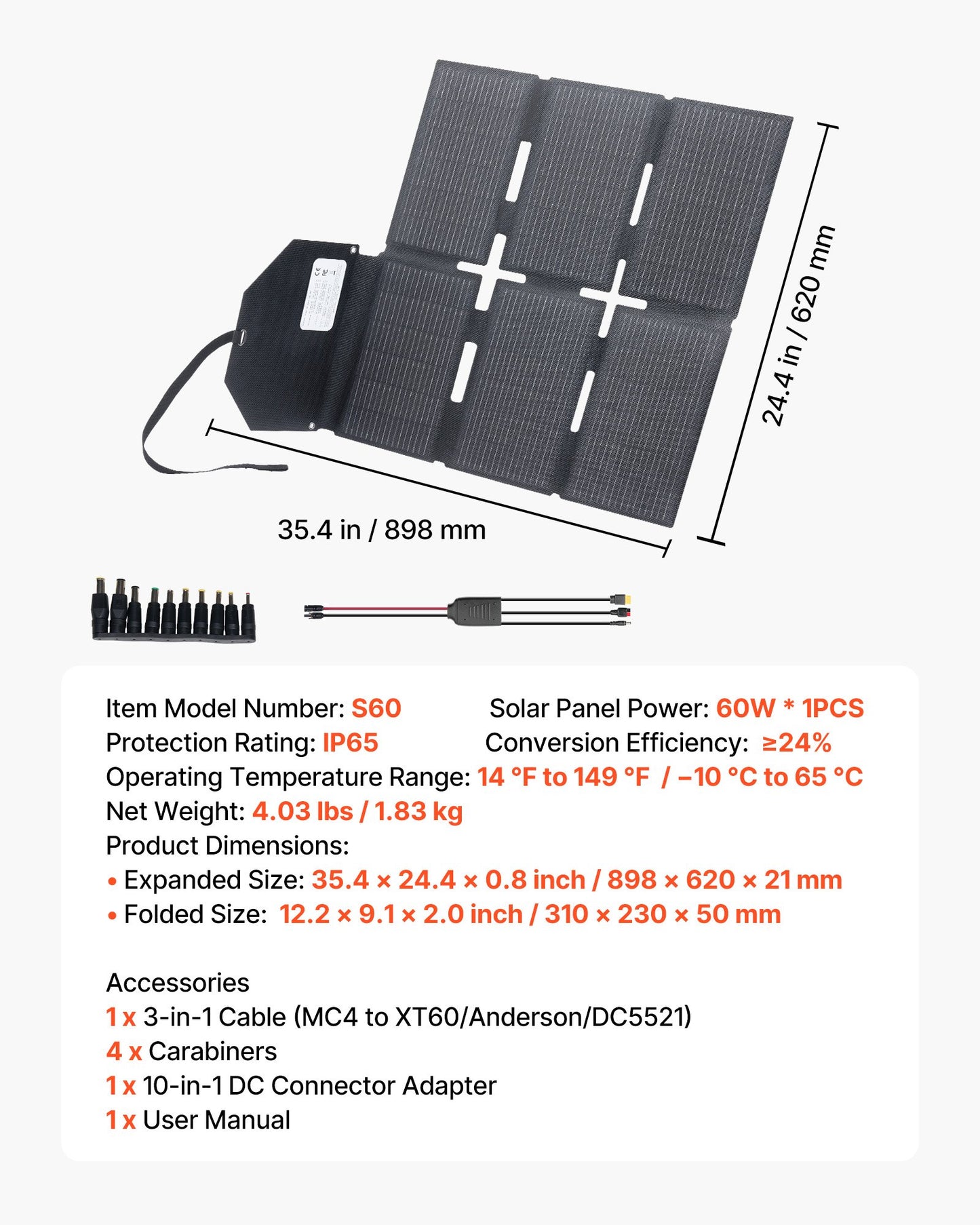 60W Portable Foldable Solar Panel Charger with Multiple USB & DC Ports