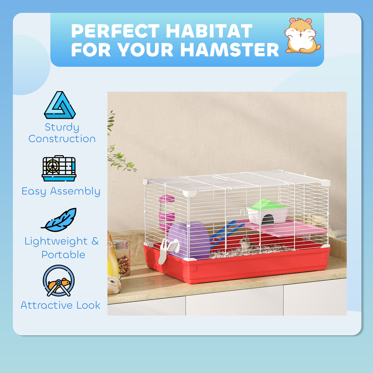 Hamster Cage 18.5 Inch with Exercise Wheel Water Bottle & Habitat - Red