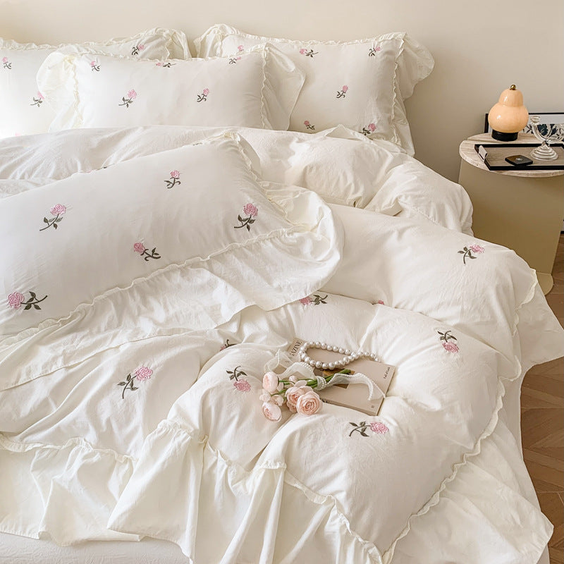 Embroidery Bedding Set with Washed Cotton and Brushed Hair - Four Piece Bed Linen