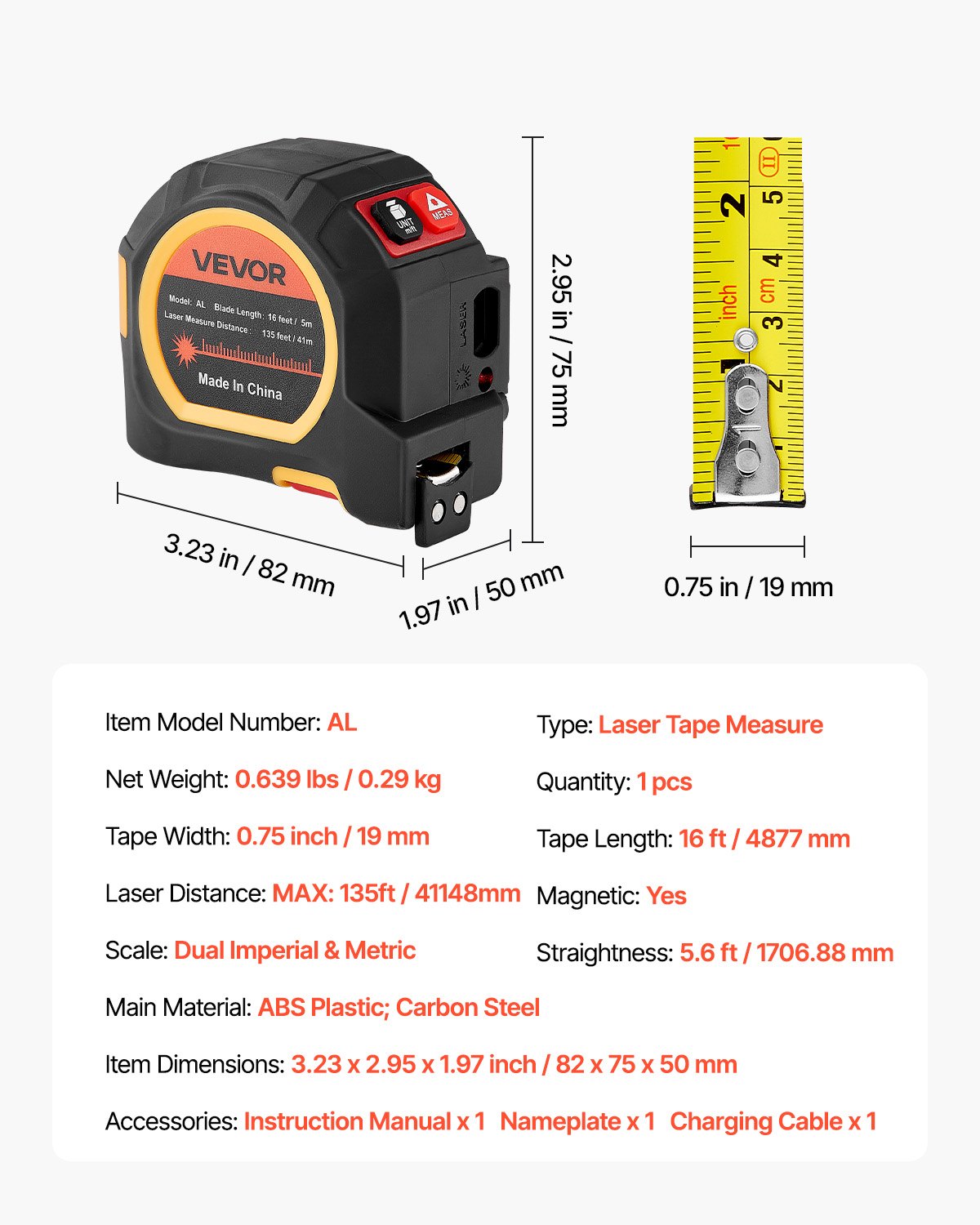 2-in-1 Laser Tape Measure with 135ft Rechargeable & 16ft Magnetic Tape