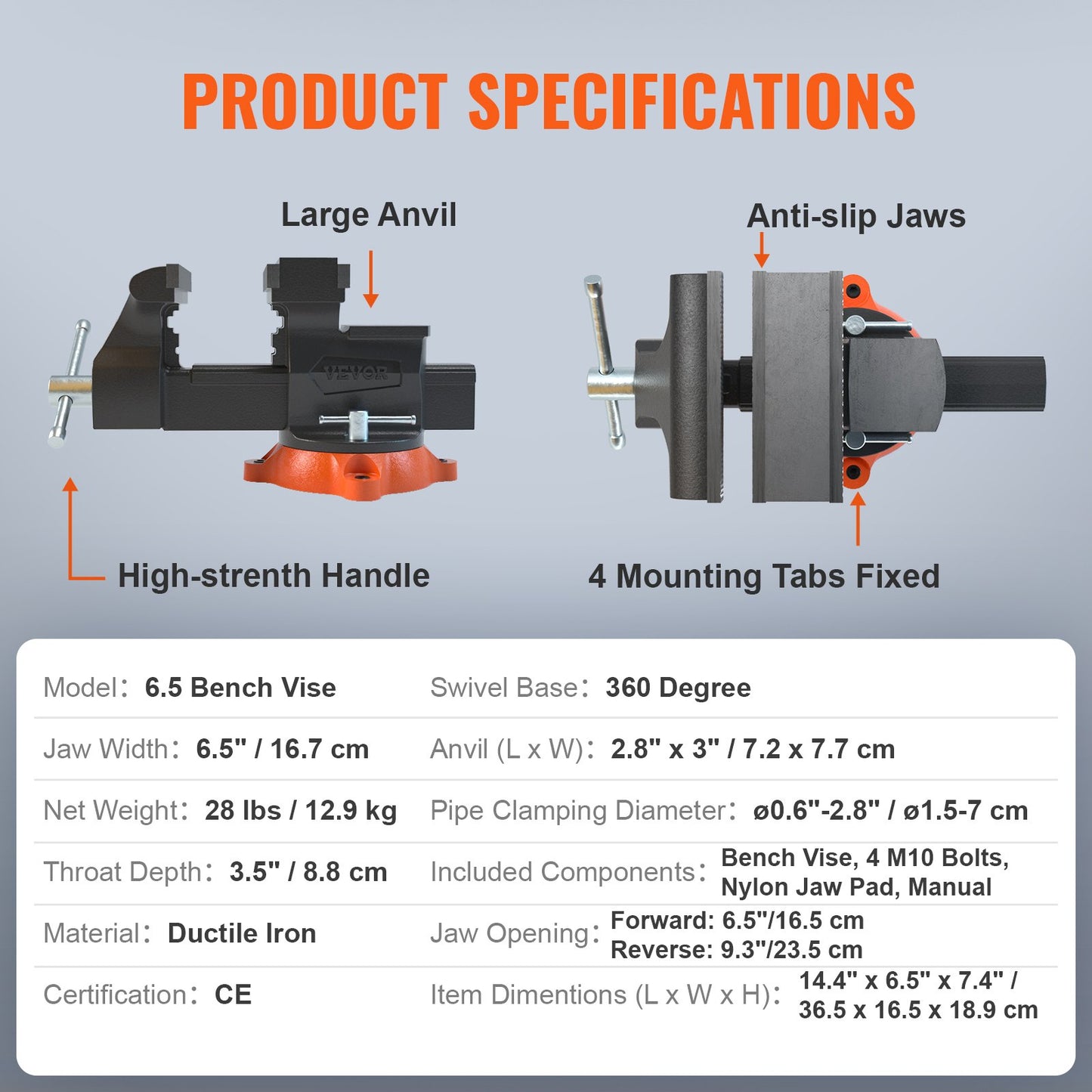 6.5" Bench Vise with 360° Swivel Locking Base & Two-Way Jaw