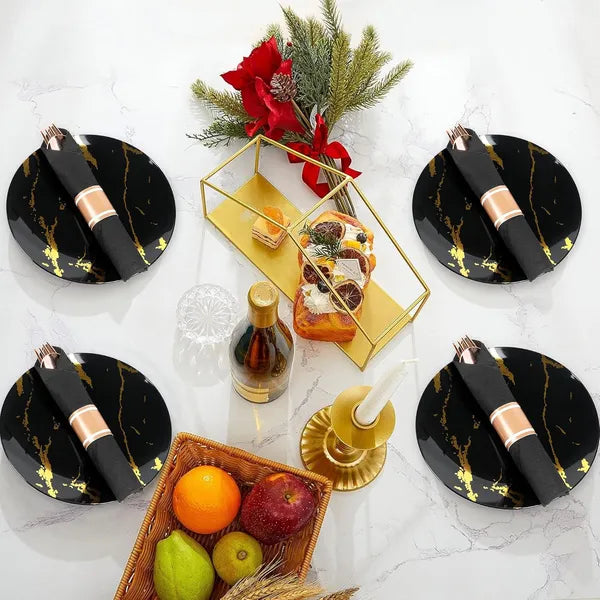 50 Pack Rose Gold Plastic Cutlery Set with Black Napkins - Wrapped
