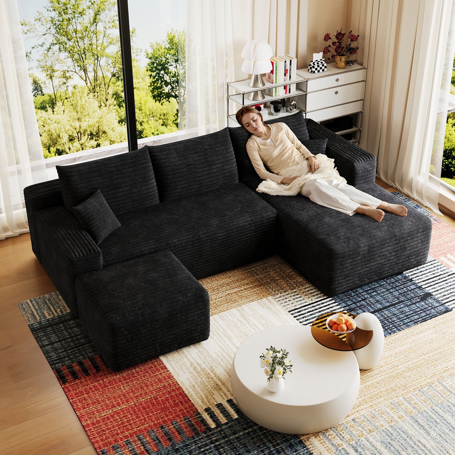 95" Cloud Sectional Sofa with Ottoman - Modern U-Shaped Couch in Black