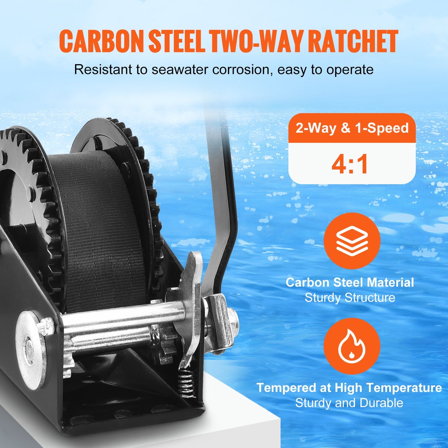 Heavy Duty Hand Winch 2000Lbs Pulling Capacity with 23ft Polyester Strap - Black