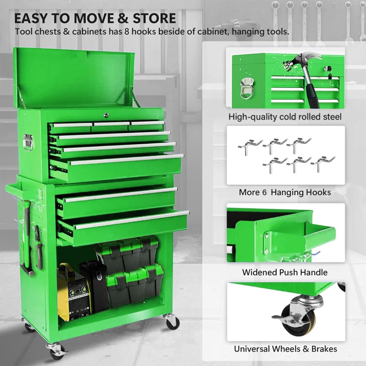 8-Drawer Rolling Tool Chest with Lockable Cabinets and Wheels - Garage Storage