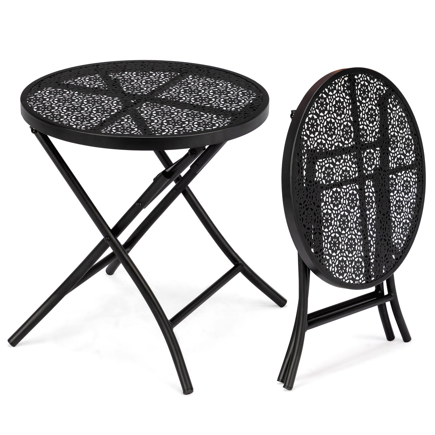Folding Outdoor Side Table - Round Metal Nightstand, Black