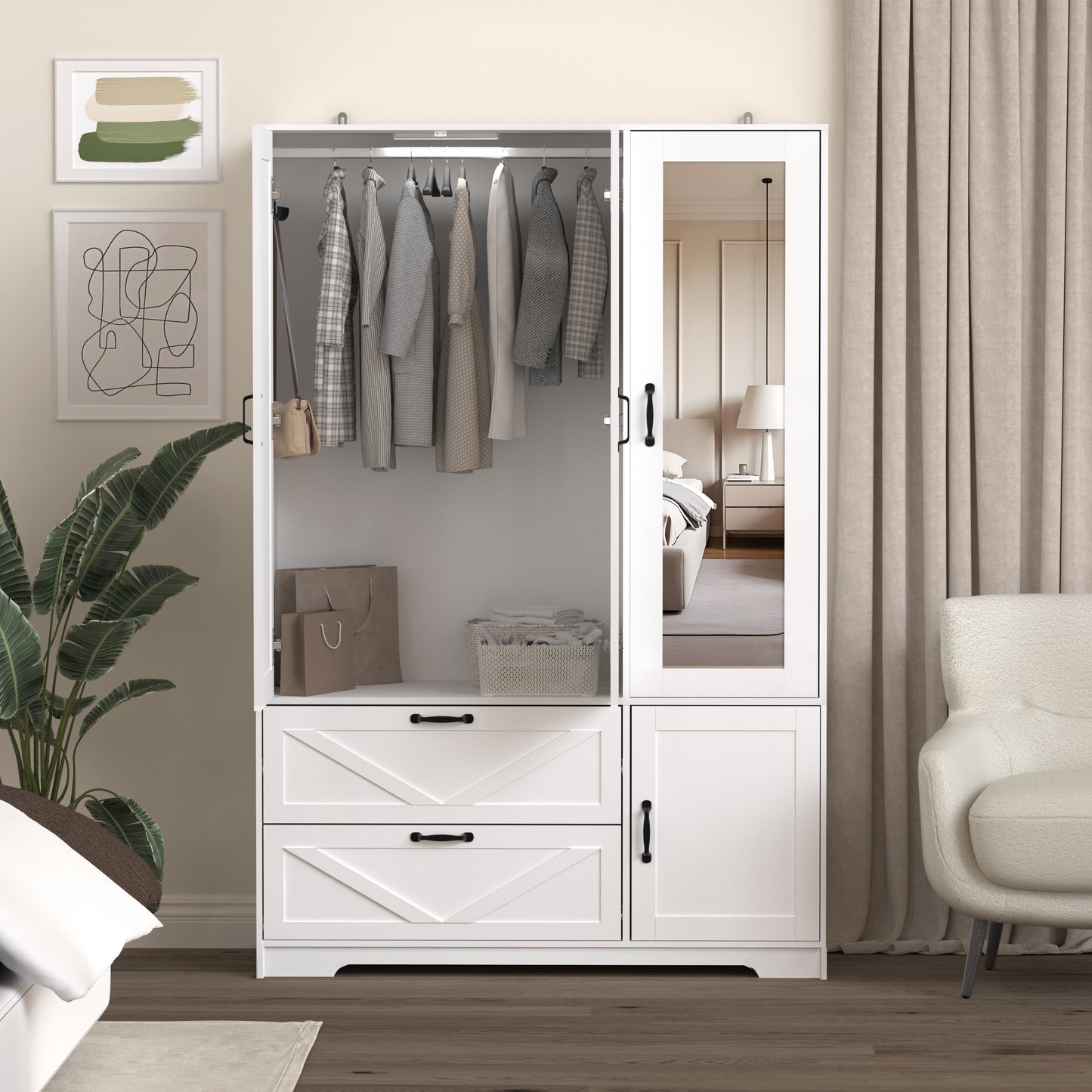 4-Door White Wardrobe Closet with Mirror & LED Lighting