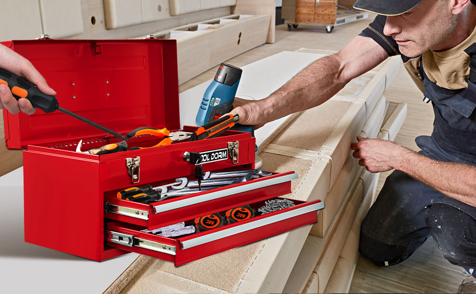 20.3-Inch Metal Tool Box with Drawers, Lockable Steel Chest for Garage and Workshop