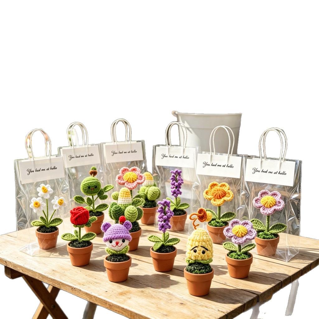 Handmade Yarn Flower Pot Ornaments - Various Styles for Home & Garden Decor