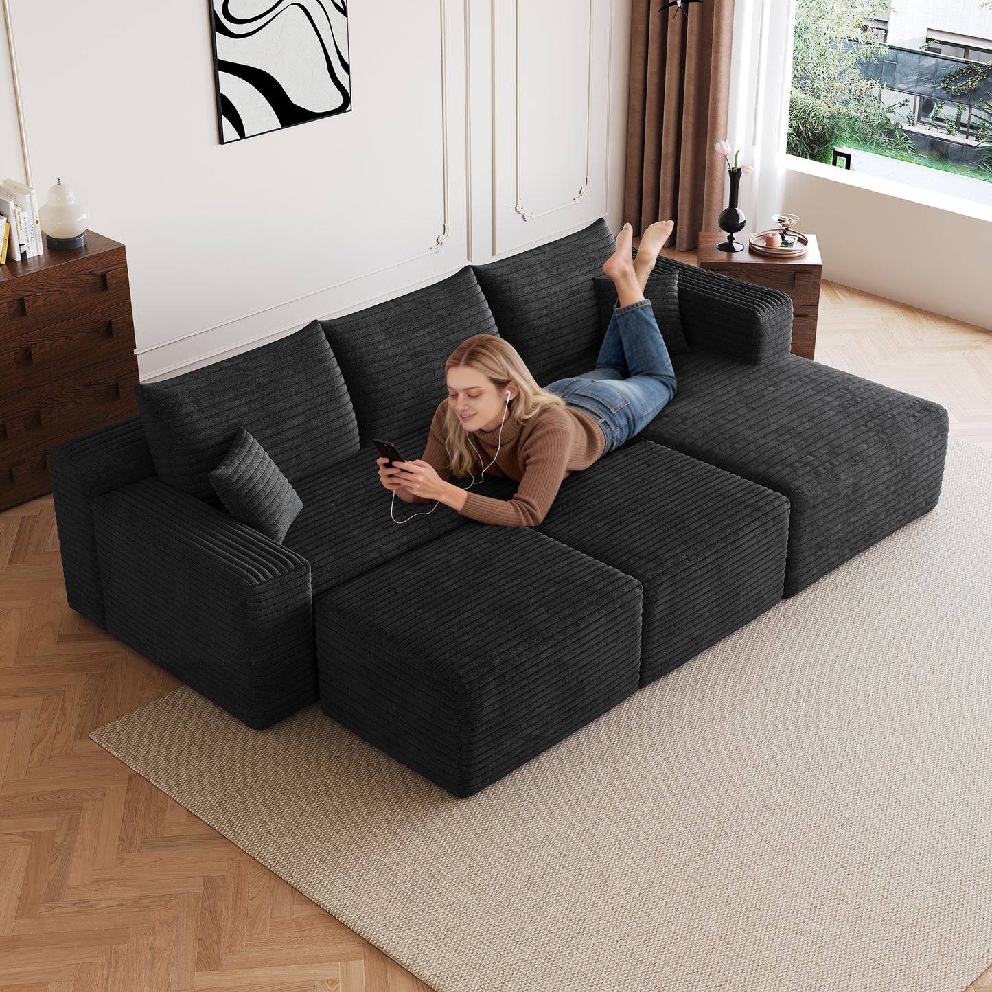 95" Cloud Sectional Sofa with 2 Ottomans - Black Corduroy