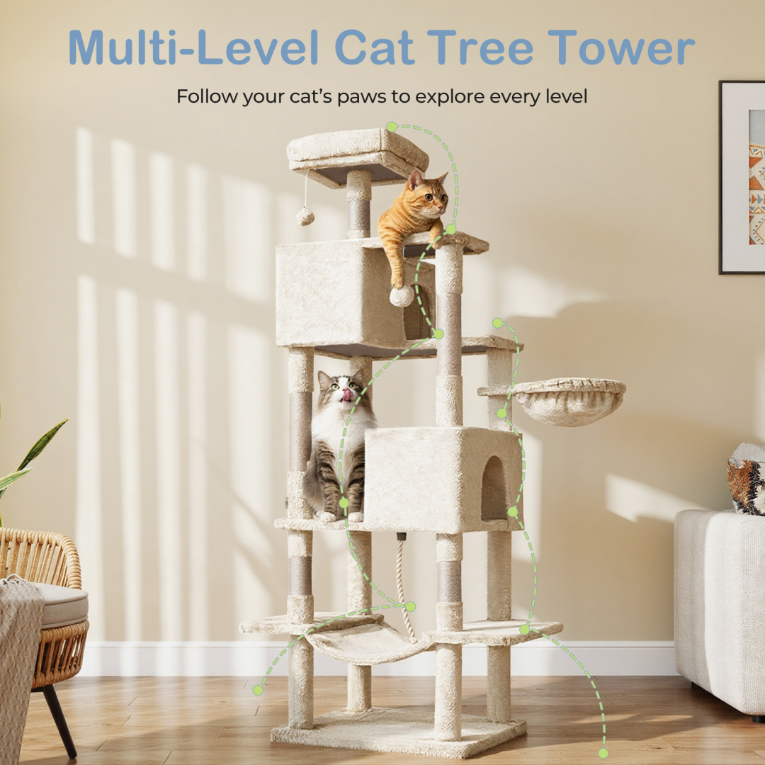 Large 66 Inch Multi-Level Cat Tree Tower with Condos & Hammock - Indoor Pet Furniture