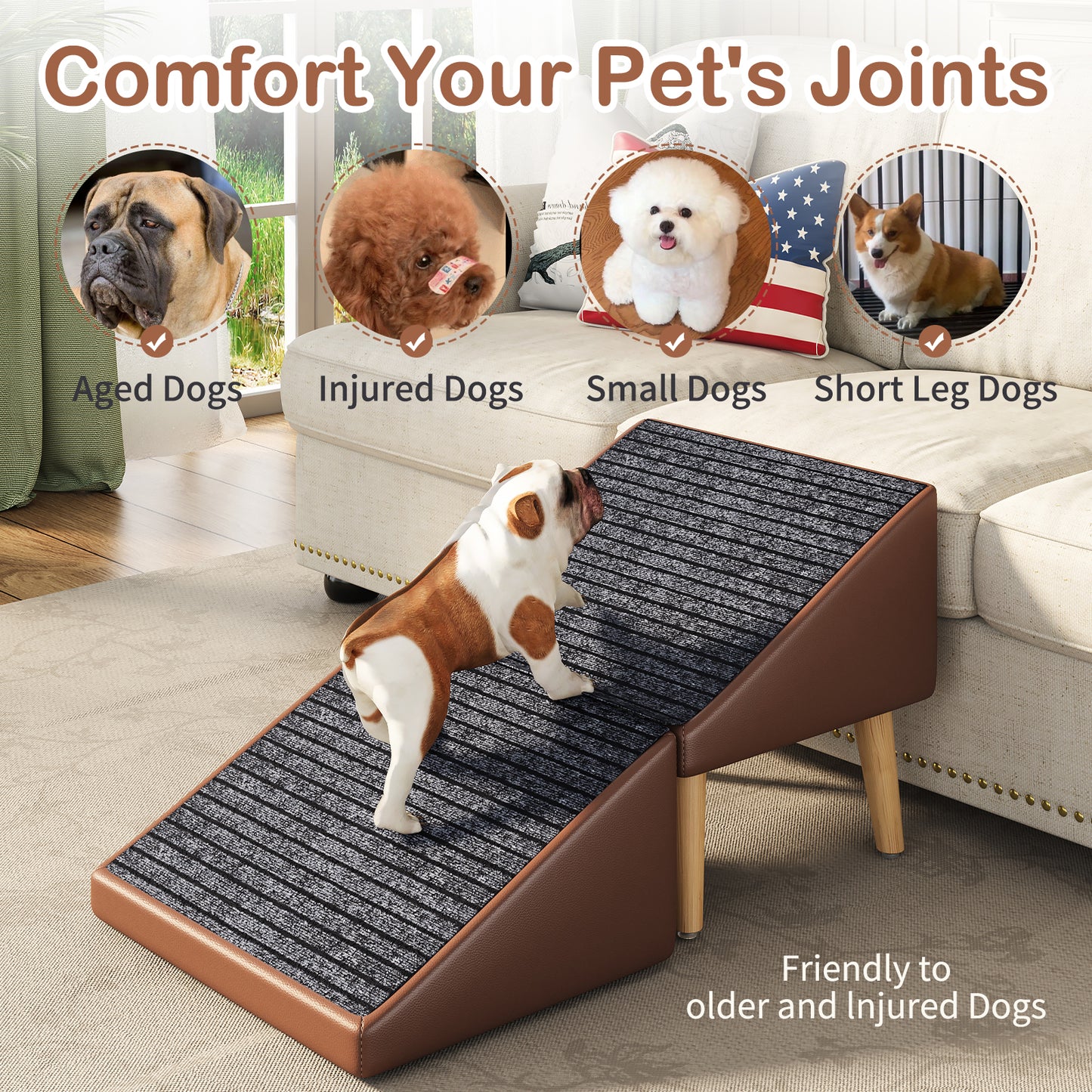 3-in-1 Pet Ramp with Storage and Footstool - Non-Slip, Supports 265 lbs, Brown