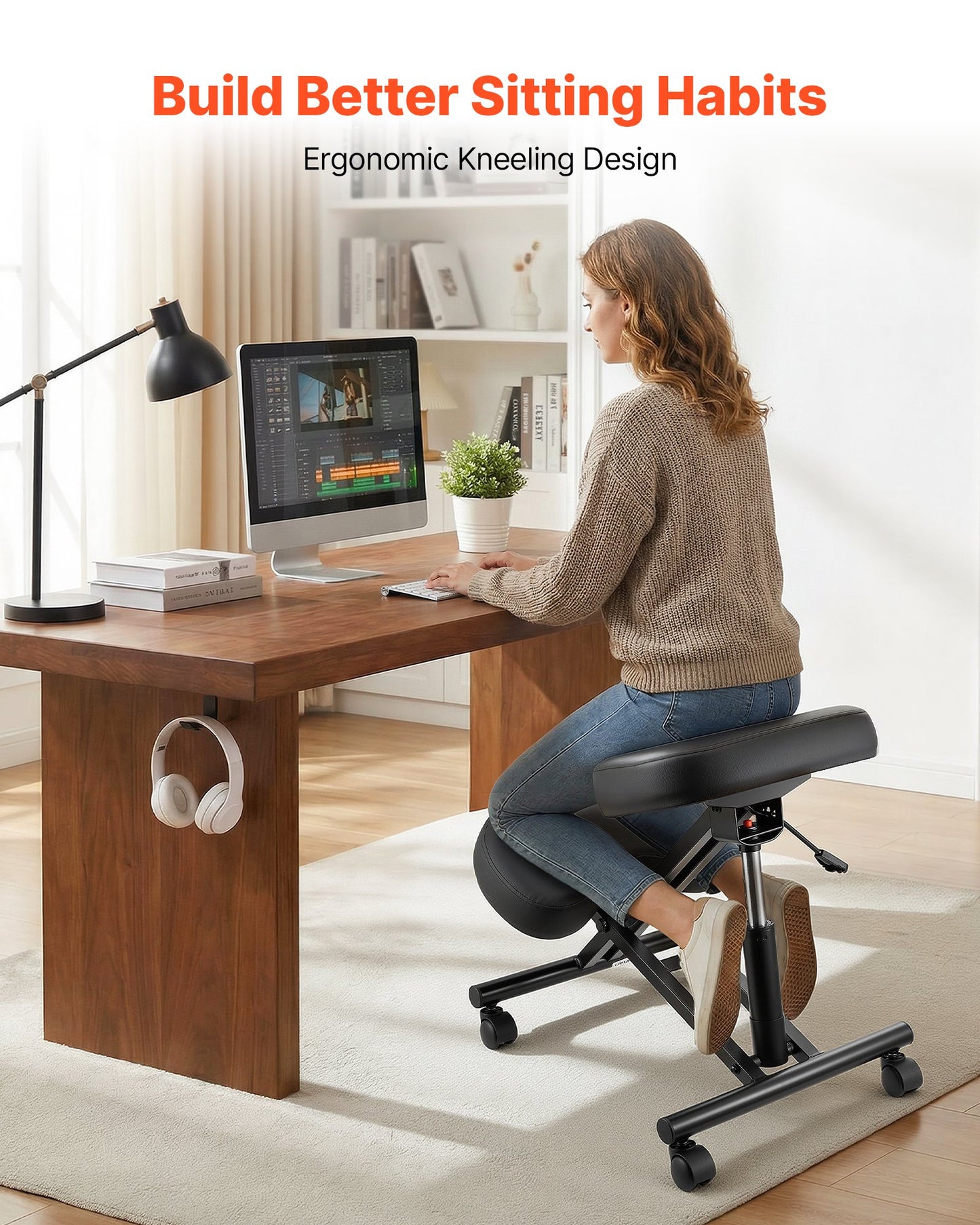 Ergonomic Kneeling Chair with Wheels, Adjustable Posture Seat for Home & Office, Thick Foam Cushions - Black