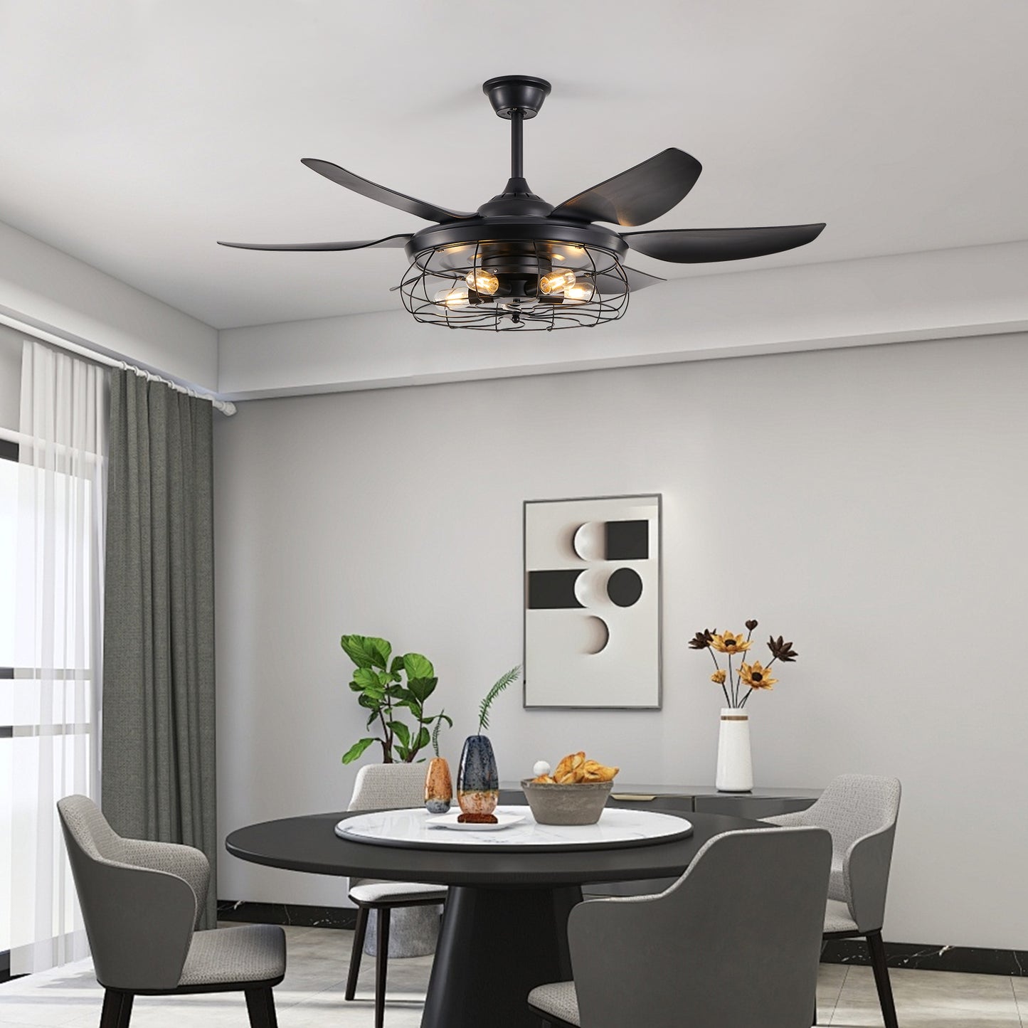 Modern Black Ceiling Fan with Light - 6 Blades, Industrial Design