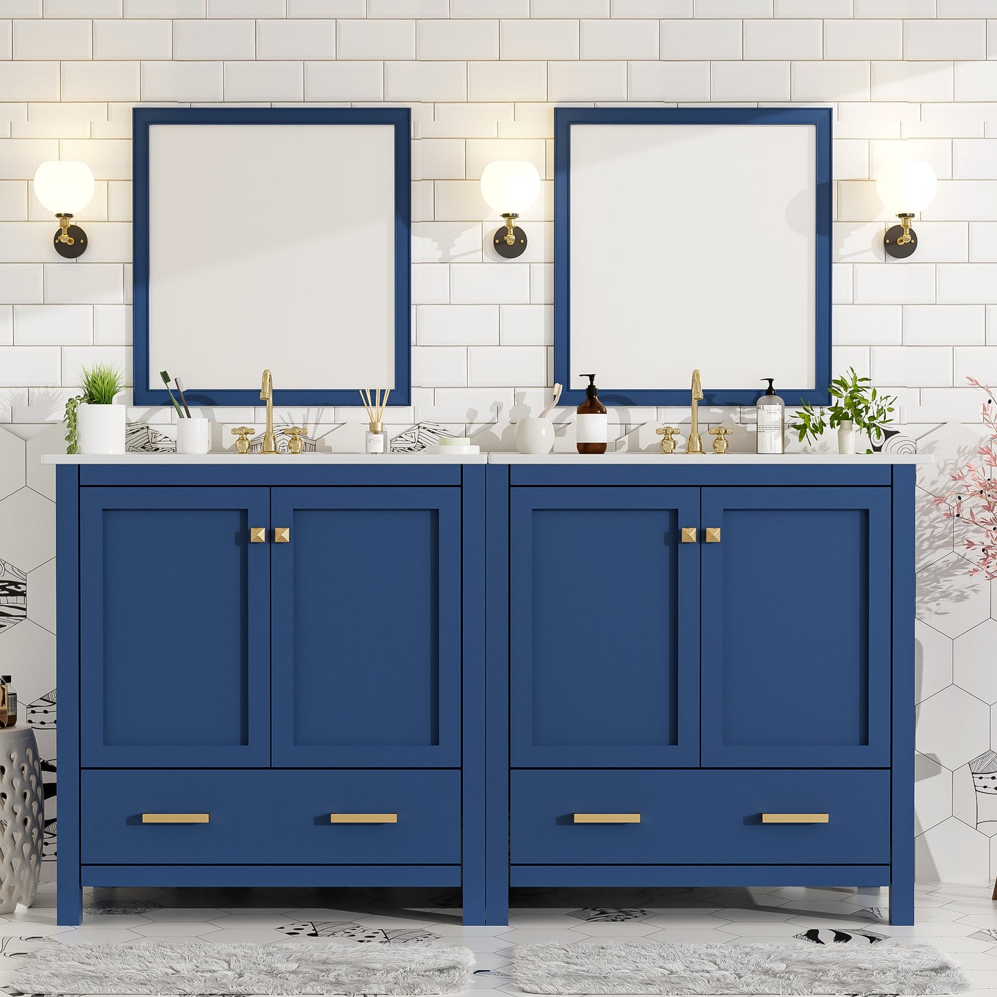 60" Blue Bathroom Vanity Set with Double Ceramic Sinks and Storage