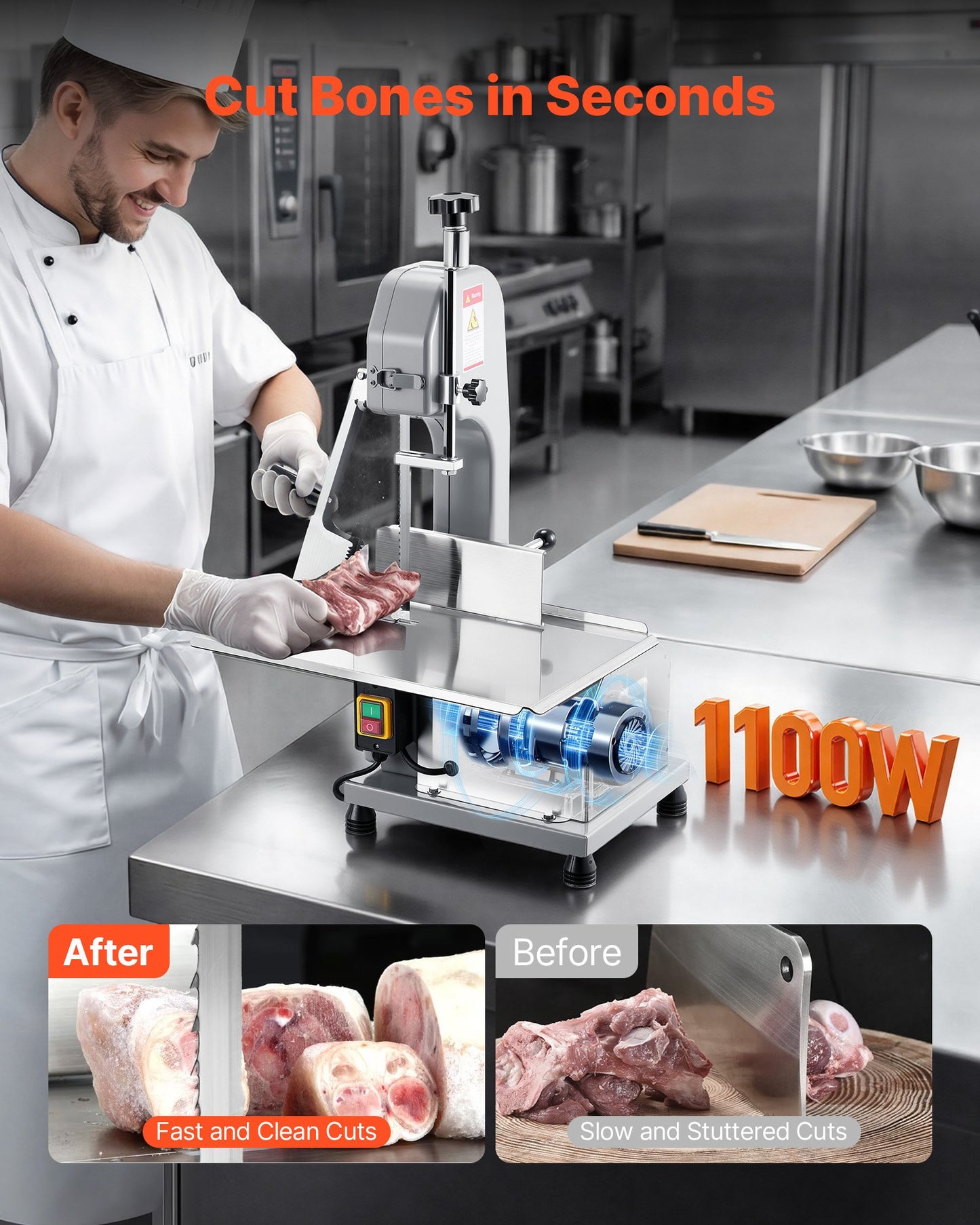 Electric Meat Bandsaw 1100W with 12.4x18.1 Inch Workbench and 7 Blades