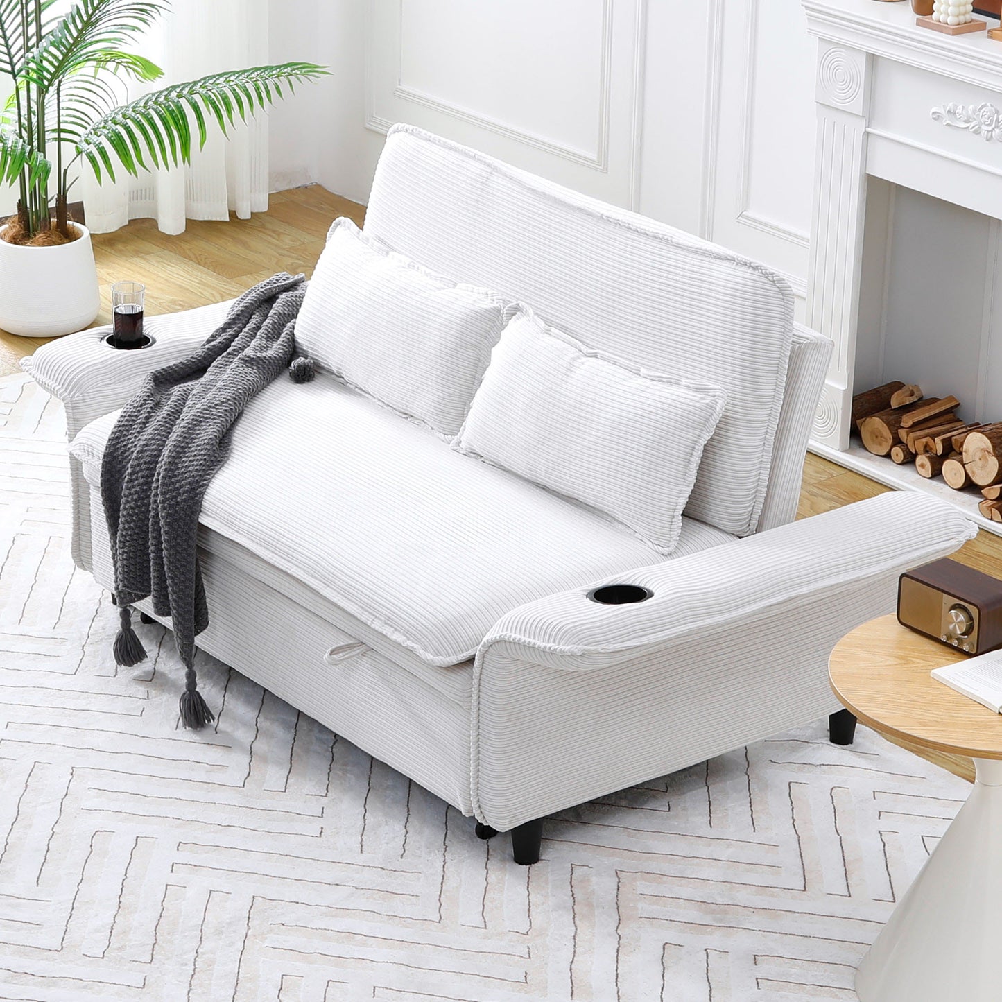 Multi-functional Beige Striped Sofa Bed with Adjustable Armrests
