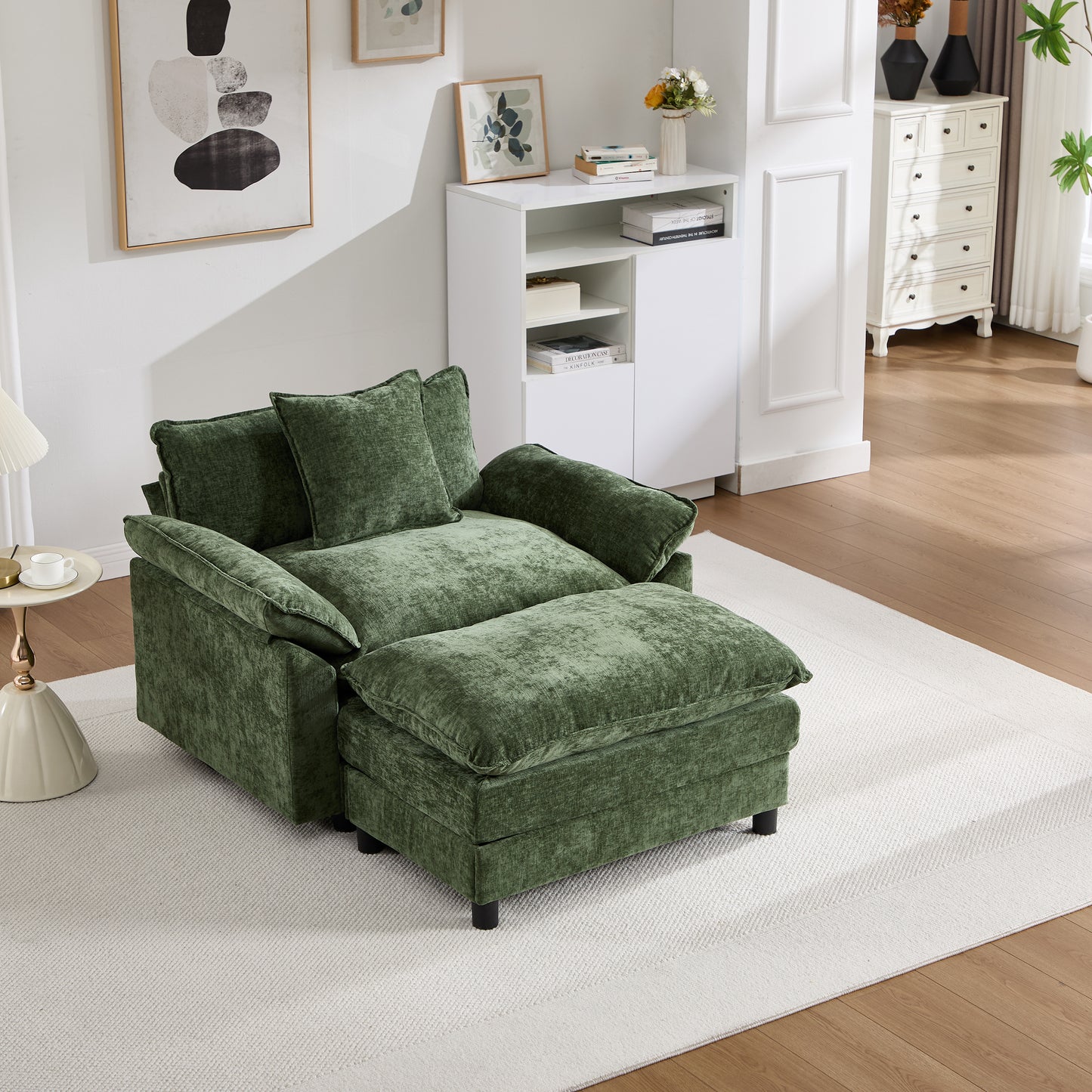 Modern Accent Chair with Ottoman - Green Chenille Upholstered Armchair