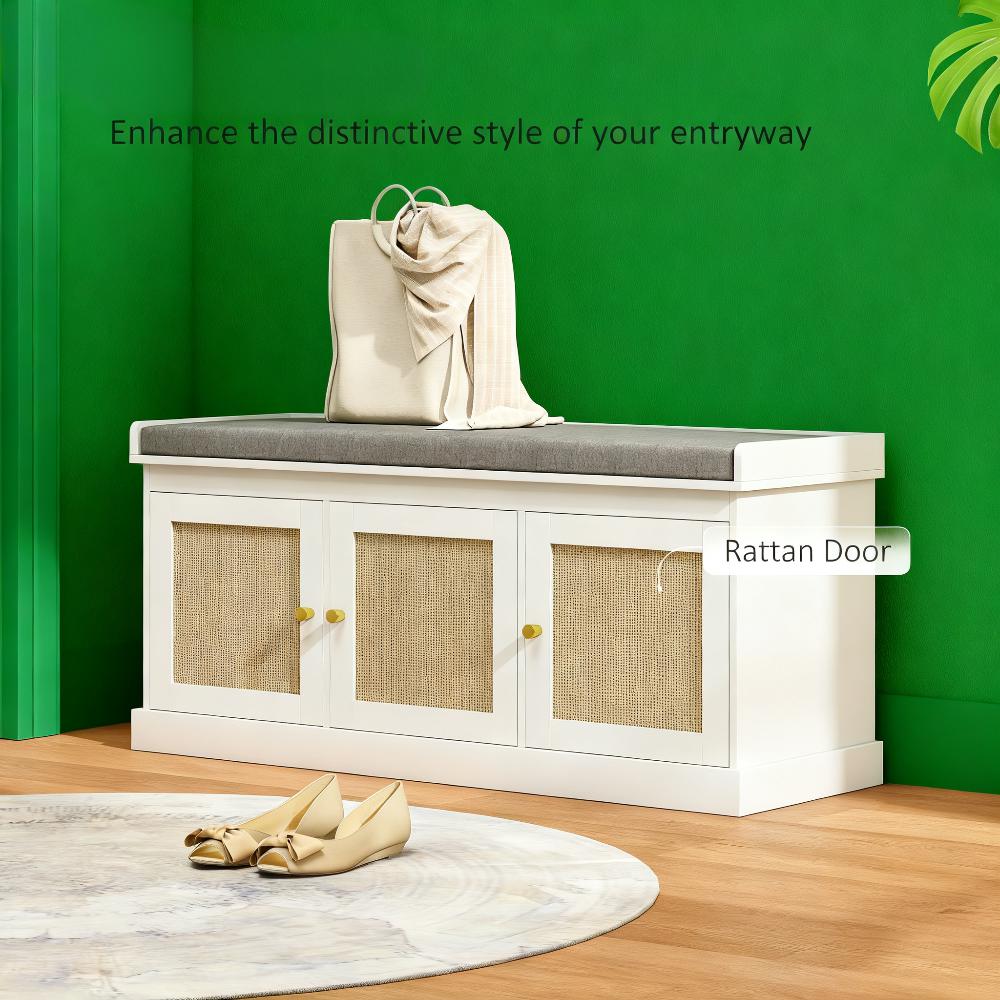 Shoe Storage Bench with Woven Rattan Doors & Cushion - Gray White
